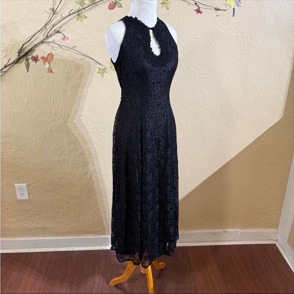 Vintage 80s 90s Black Dress Lace Tie-Back Halter Keyhole Sz 3
